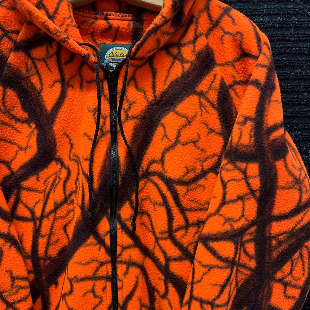 Cabelas Blaze Orange Camo Fleece Hoodie Mens Large Made in USA Full Zip Hunting - Picture 2 of 7